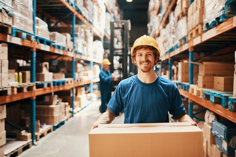 Male worker in a warehouse holding a box
