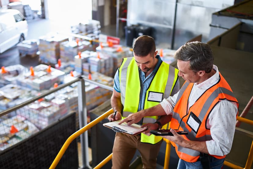 Employer and consultant discussing an assessment in an industrial setting