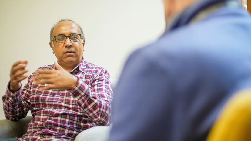 Babu in an interview, speaking with someone