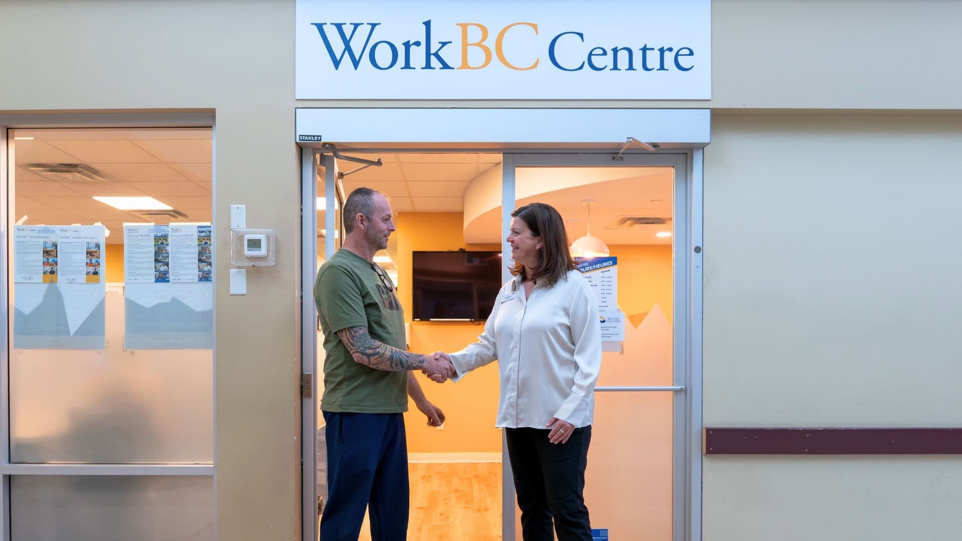 Silvio meets with a WorkBC advisor outside a WorkBC Centre as part of his journey to retrain and find a new career after a workplace injury.