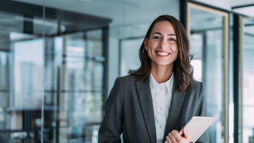 A woman with a folder smiles in a business suit near an office entrance