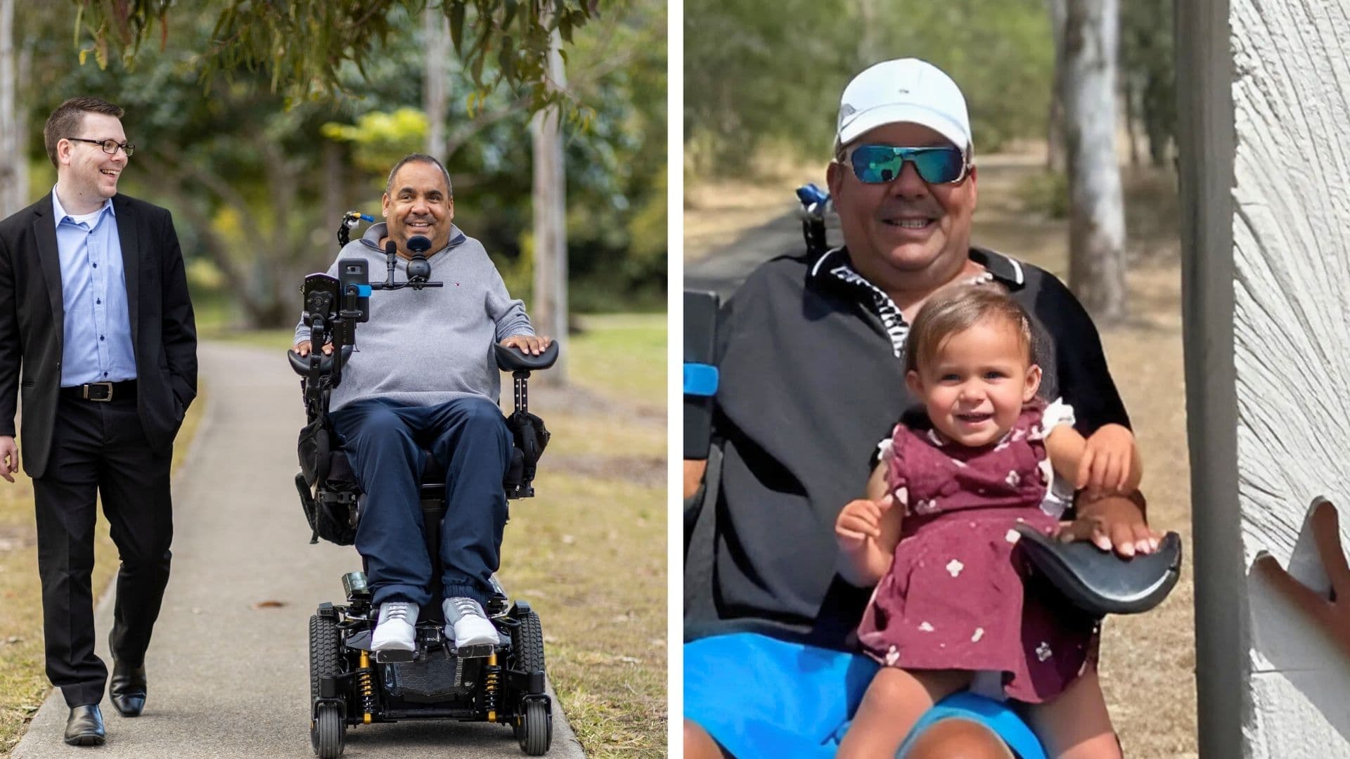DES participant Patrick in a wheelchair during filming for a DES testimonial and more recently with a young daughter
