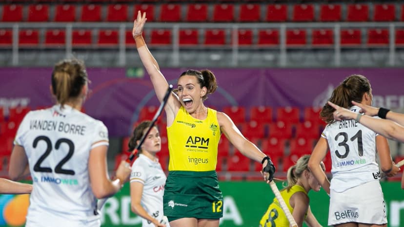 Hockeyroos celebrate a goal. The team have extended their partnership with APM.