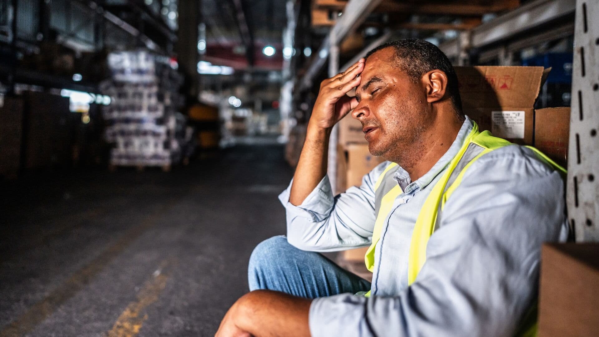 A man sitting in a warehouse with his hand held to his head