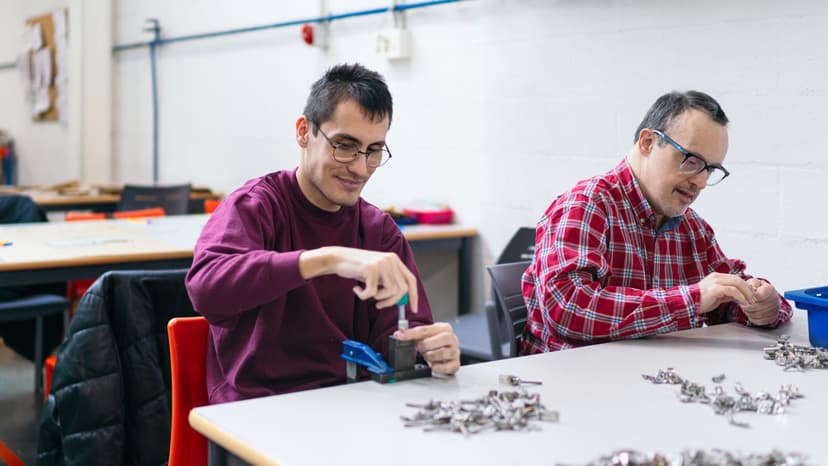 Individuals performing manual tasks during a workplace capability assessment to evaluate job readiness and skills.