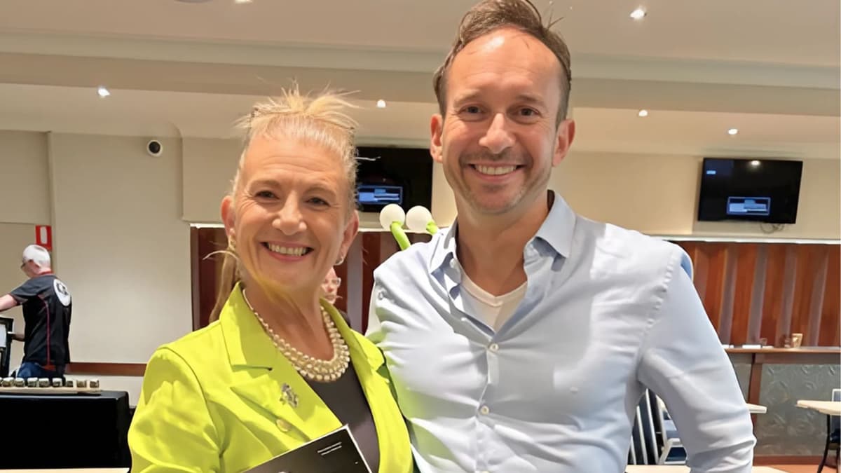 Douglas and his EST consultant in a local venue