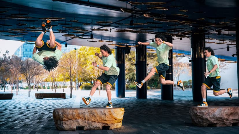 A staggered timelapse photo of a parkour athlete jumping