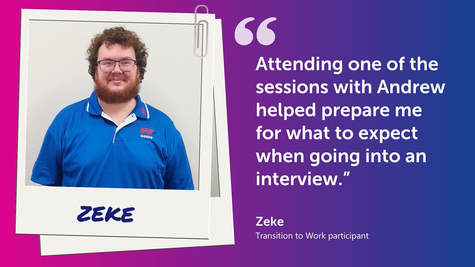 Transition to Work participant Zeke shares his experience preparing for job interviews through APM Employment Services, highlighting his successful path to employment.